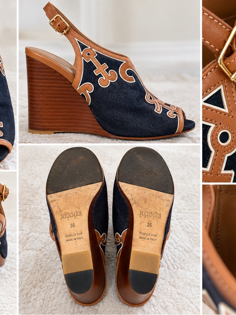Hermès Navy Denim and Tan Leather Wedge Sandals
